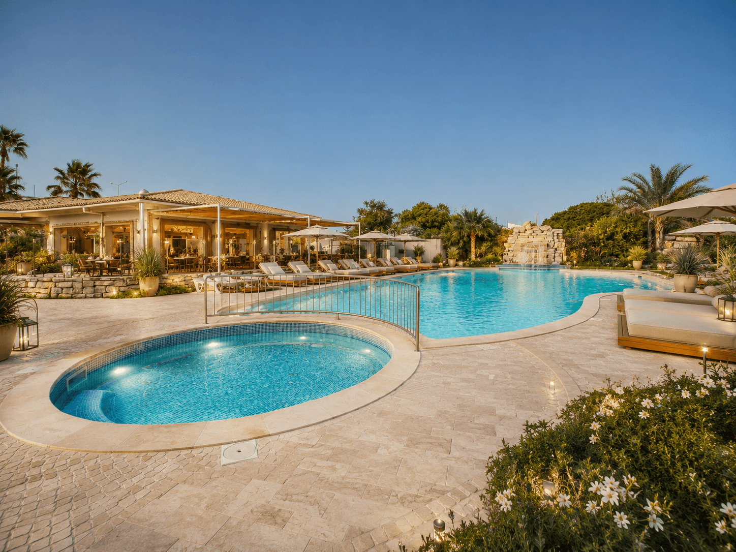 Pools and the restaurant terrace.