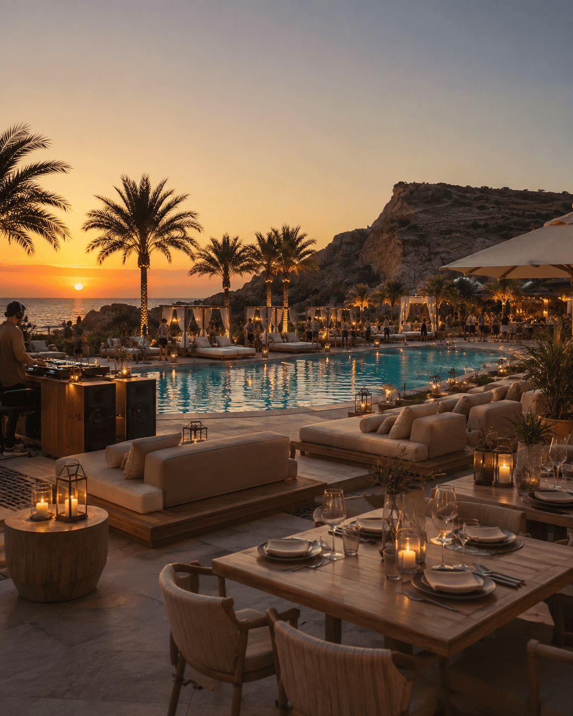 Dining tables and poolside lounges at sunset.