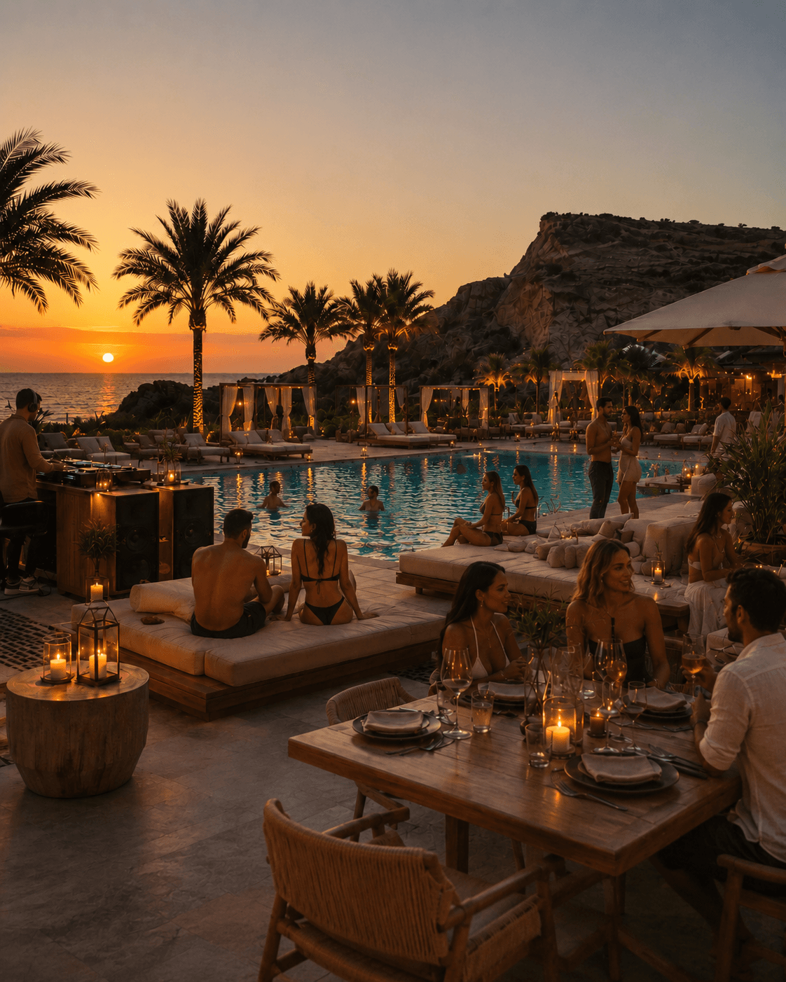 Guests and music beside the pool at sunset.