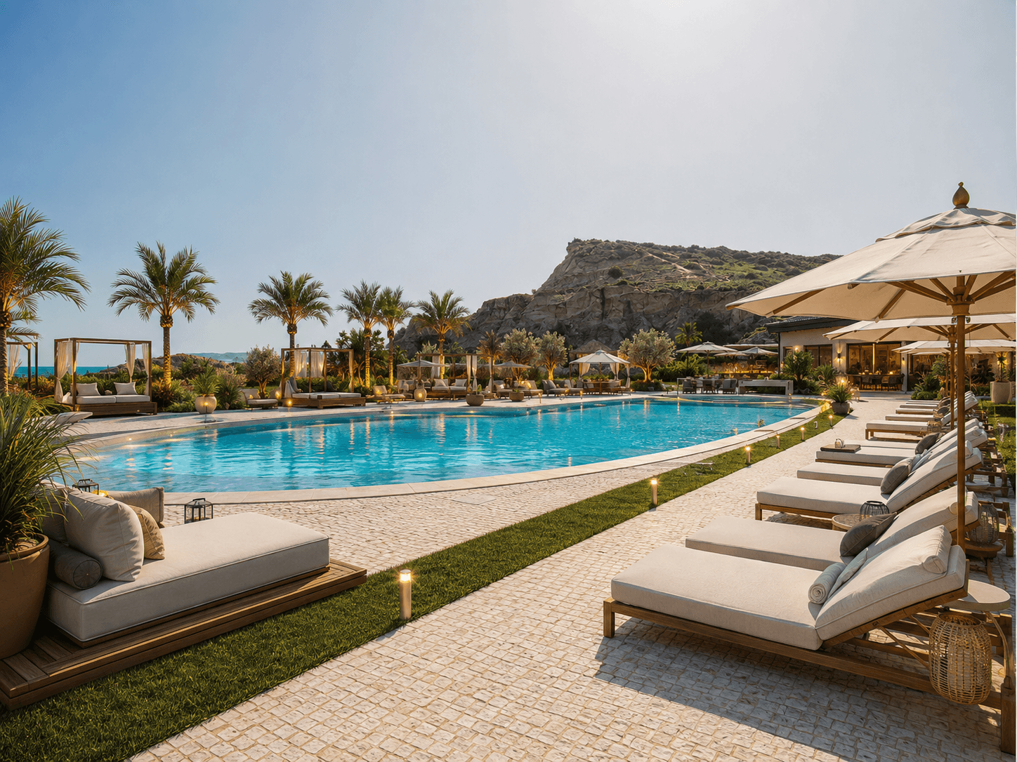 Pool surrounded by palms and sun loungers.